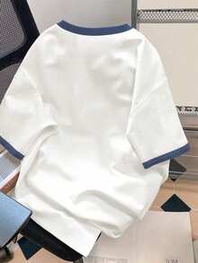 Claim Dot 街头风仿牛仔拼接印花撞色短袖休闲简约优雅基础款圆领T恤，男士加大码 - 藏蓝色 - 查看 2