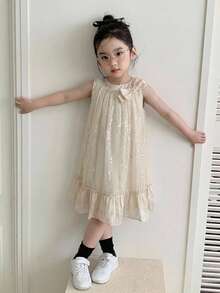 Dazy Kids 女童亮片网纱蝴蝶结装饰荷叶边无袖可爱连衣裙夏季太阳裙 - 杏色 - 查看 5