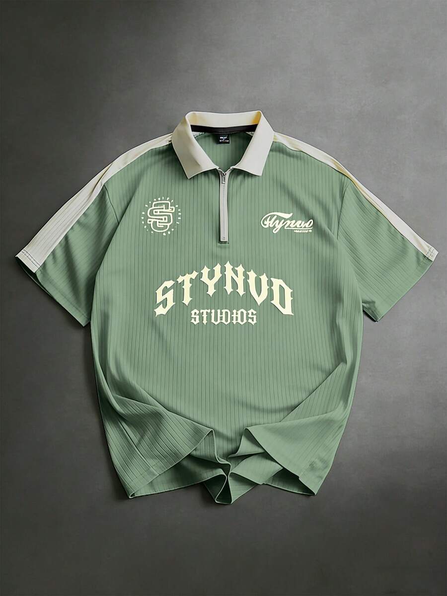 STYNVO 男士休闲撞色字母印花Polo衫，夏季 - 橄欖綠 - 查看 1