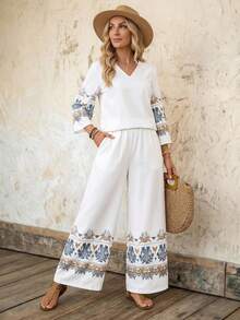Faunlyn Women's V-Neck Graphic Print Top And Pants Casual Vacation 2 Pieces Set Boho Two Pieces Set Women Vacation Outfit Sets Women's 2 Pieces Summer Sets Pant Suit Summer Sets Boho For Women Vacation Outfits Women Casual - Multicolor - View 6