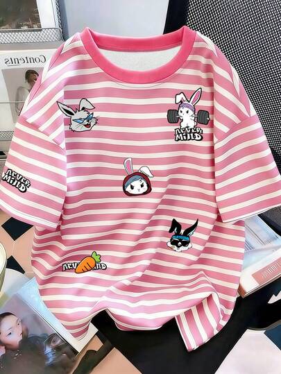 Manfinity Joysei Pink & White Striped Cartoon Print Short Sleeve T-Shirt For Men, Contrast Color Striped Bunny Pattern Unisex College Style Top