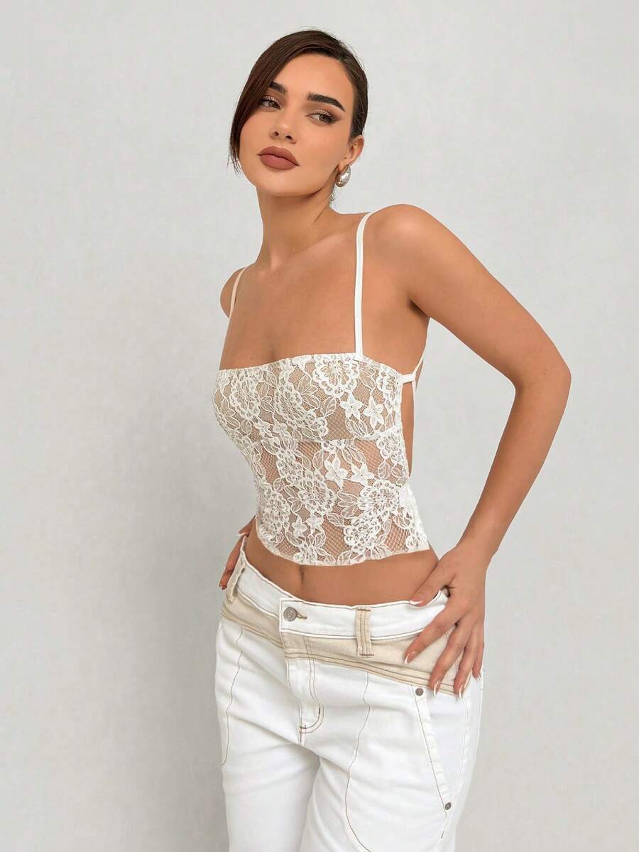 Aloruh Top de mujer blanco romántico y elegante con encaje halter y diseño sin espalda