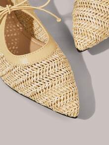 Styleloop Zapatos planos de mujer tipo slip-on, con decoración de lazo, de tela de paja trenzada, estilo BOHO de vacaciones, retro estadounidense bohemio, para fiestas y festivales de música western, con talón abierto tipo mule, adecuados para la temporada de vacaciones, primavera/verano - Beige claro - Ver 5