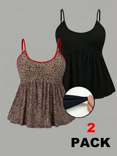SHEIN EZwear 2pcs Plus Size Women Retro Leopard Print Contrast Color Casual Summer Camisole Suitable For Music Festivals