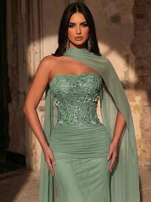 Aureia Đầm đuôi cá sang trọng, thanh lịch, đính cườm, sequin, họa tiết hoa 3D, phối ren, chất liệu lưới co giãn kiểu Hàn Quốc, xếp ly gợi cảm, thích hợp cho đám cưới, sự kiện, tiệc tùng, kỳ nghỉ, dạ hội và các dịp trang trọng. - Cỏ xanh - Xem 8