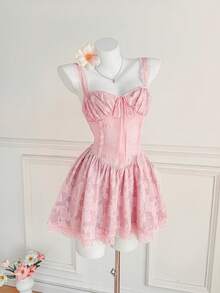 Elamini 女士甜美可爱休闲时尚日常百搭无袖蕾丝拼接收腰镂空迷你连衣裙，春夏款 - 粉色 - 查看 4