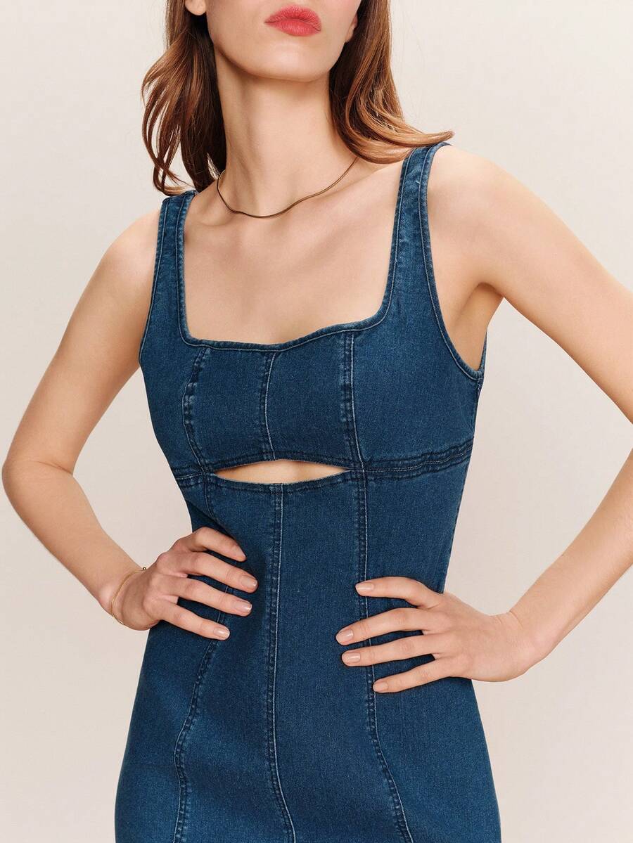 lacRébo Vestido corto de mezclilla sin mangas con corte, estilo francés y parisino para primavera y verano - Azul lavado oscuro - Ver 1