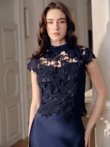 Anewsta 优雅藏蓝色蕾丝领无袖性感镂空露脐女式衬衫 - 藏蓝色 - 查看 5