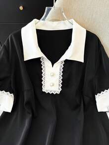 GlowEve CURVE Plus Size Shirt With Contrast Collar And Ruffle Trim, Short Sleeve Fitted Top - Black and White - View 5