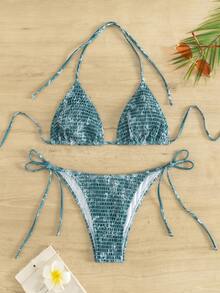 SHEIN Swim 女士夏季沙灘雙肩帶收縮上衣和打結底部比基尼套裝，非常適合度假 - 彩色 - 查看 4