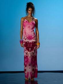 MUSERA Robe longue en mousseline de soie à dos ouvert, col halter, imprimé fleurs tropicales, bretelles, sexy, pour sortie, plage, vacances, Ibiza, club, fièvre tropicale - Multicolore - Voir 4