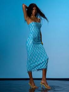 MUSERA Sequin Pattern Fitted Bandeau Maxi Dress Summer Sexy Going Out Beach Holiday Ibiza Club Tropical Fever - Lake Blue - View 3