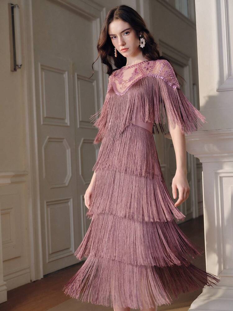 Women's Spring/Summer Lotus Pink Dress, Elegant Party Dress With Sequins And Beads, Fashion Cocktail Evening Dress