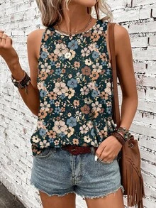 EMERY ROSE Women's Floral Print Round Neck Casual Versatile Daily Wear Top,Summer Top - Multicolor - View 4