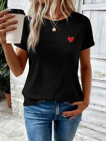 Selamara Women's Spring/Summer New Arrival Hot Selling Heart Print Round Neck Short Sleeve Casual All-Match T-Shirt