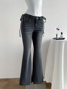 Elamini 女士侧系腰带口袋喇叭裤休闲牛仔裤 - 灰色 - 查看 3