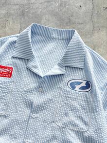 AXEPEAK 男士短袖条纹休闲前开襟纹理面料夏季衬衫保龄球衬衫男士度假衬衫街头风纽扣衬衫 - 彩色 - 查看 4