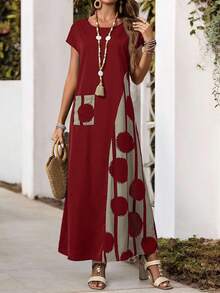 EMERY ROSE Plus Size Contrast Color Printed Patchwork Long Vacation Casual Dress,Spring Outfits For Women,Tropical Vacation Woman Clothes - Burgundy - View 6