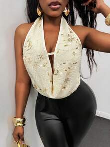 Glyssa 女士夏季新款性感亮片刺绣吊带背心，串珠无袖上衣，深V露背吊带背心 - 杏色 - 查看 7