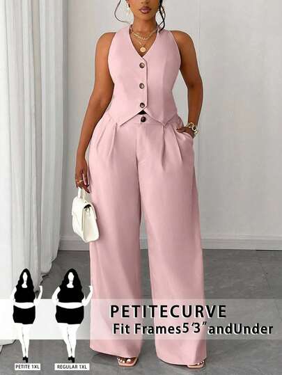 SHEIN PETITE CURVE Bộ đồ nữ cỡ lớn mùa hè màu hồng trơn không tay gồm áo khoác cardigan và quần ống rộng, kiểu dáng thường ngày, bộ 2 món màu hồng, trang phục mùa hè phong cách Millennium cho nữ, trang phục sinh nhật, trang phục đi biển, trang phục nghỉ hè, trang phục thanh lịch, trang phục tốt nghiệp, cosplay, trang phục tốt nghiệp, thanh lịch, thời trang, thường ngày, đi làm, công sở, thường nhật, đa năng, trang phục giáo viên thành thị chuyên nghiệp, hẹn hò gợi cảm, trang phục hẹn hò, trang phục nghỉ lễ cho nữ.