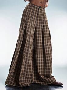 GENKIRA Fashionable Retro Versatile Commuting Casual Plaid Pleated Design Loose Flattering Wide Leg Pants - Coffee Brown - View 5