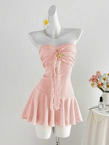 Sweetra Đầm ngắn nữ màu vàng dệt kim jacquard họa tiết sao biển kim loại, viền bèo nhún, thắt eo, phong cách bohemian thanh lịch, thích hợp dự tiệc, hẹn hò, thường ngày, đa năng, mùa xuân/hè. - Hồng - Xem 3