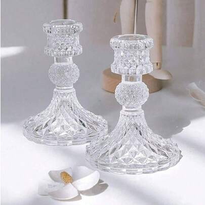 1/2 chiếc Chân nến thủy tinh trong suốt họa tiết kim cương, Chân đế nến trang nhã dùng để trang trí nhà cửa, làm vật trang trí trung tâm bàn ăn, phòng khách, đám cưới, tiệc tùng, trang trí ngày lễ và là món quà lãng mạn.