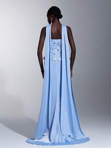 Elitara Elegante vestido azul de lujo con silueta de sirena, bordado 3D romántico con encaje y satén, con abertura alta (incluye cuello halter desmontable), adecuado para bodas, fiestas, galas, vacaciones - Azul - Ver 4