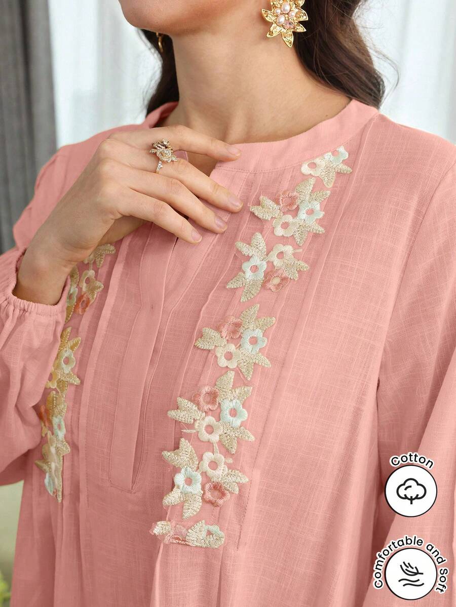 Yasmyna Embroidered Lace Patchwork Front Striped Yellow Cotton Tunic - Pink - View 1