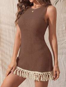 Swim Chiccia 1 pieza Body sin mangas de mujer con textura de malla y flecos largos, estilo elegante - Marrón - Ver 3
