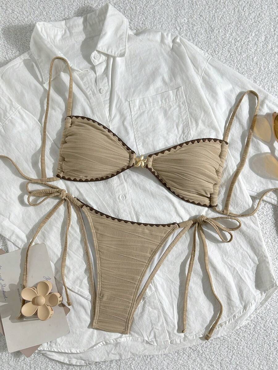Swim Vcay 女士夏季沙滩两件套泳衣,采用纹理面料,饰有海星图案和荷叶边贝壳装饰,配有可调节肩带,包括露脐上衣和系带比基尼泳裤,适合海滩度假和游泳。 - 咖啡棕 - 查看 1