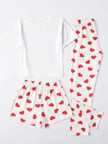 SHEIN Cottonline Round Neck Cute Heart Print Detailed Casual 3 Pieces Comfortable Pajama Set - White - View 2