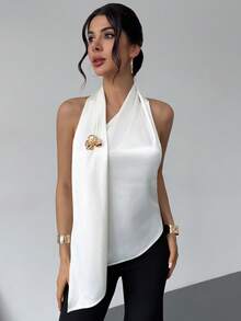 Rafferiza Elegant Sexy Metal Decor Backless Halter Neck Blouse For Summer Golf White - Beige - View 1