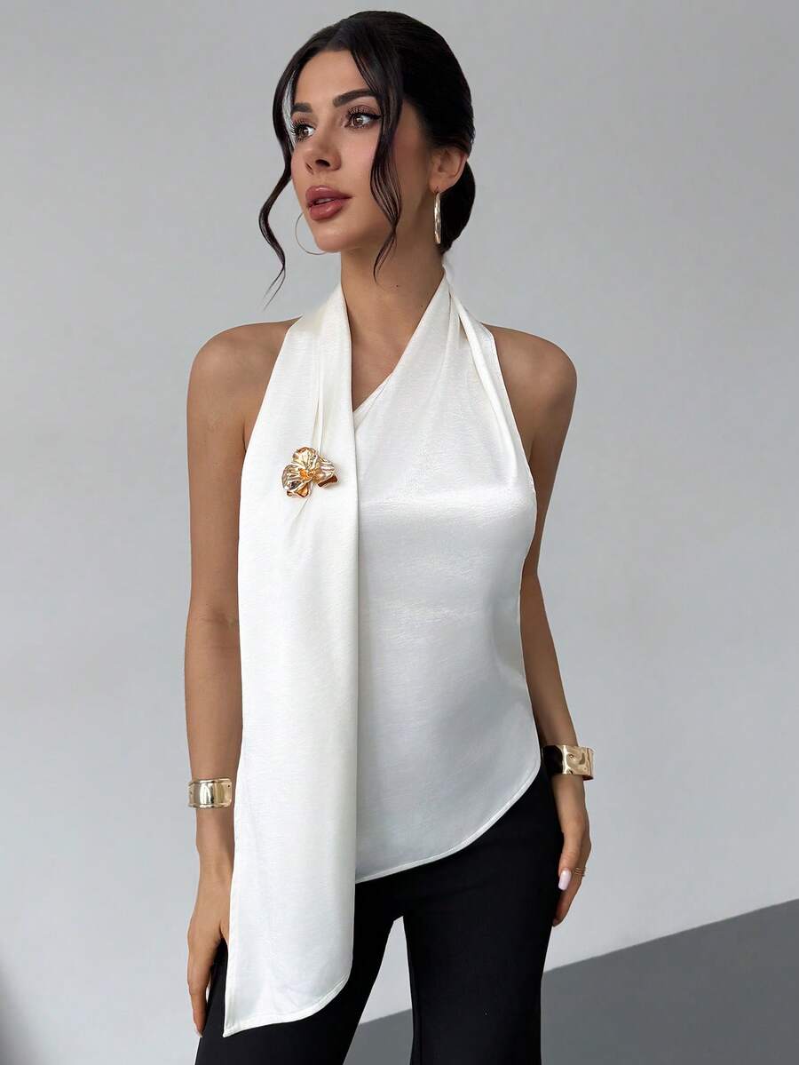 Rafferiza Elegant Sexy Metal Decor Backless Halter Neck Blouse For Summer Golf White - Beige - View 1