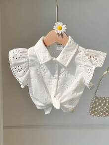 SHEIN 女宝宝可爱夏季度假白色花卉刺绣领短袖衬衫 - 白色 - 查看 8