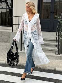 Livesso 白色蕾丝喇叭袖衬衫，适合海滩派对、度假、复活节假期、夏季穿着 - 白色 - 查看 5