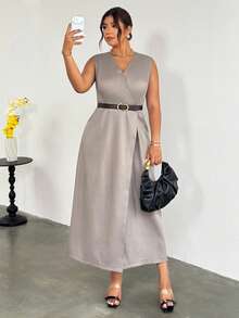 Firerie Plus Size Women's Solid Color V-Neck Sleeveless Casual Dress, Elegant Summer Green Outfits, Classic Formal Wear High Quality Tea Party Brunch Dresses - Khaki - View 7