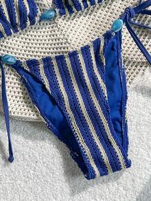 Swim Mod Women's Spring/Summer Jacquard Fabric Beaded Halter Bikini Set - Blue and White - View 5