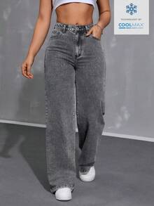 Jeanoix Quần jean nữ ống rộng dáng suông có túi, kiểu dáng thường ngày, đa năng. - Màu Xám nhạt - Xem 7