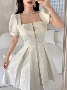 Feyla 女士提花方领花瓣袖优雅短裙 - 杏色 - 查看 4