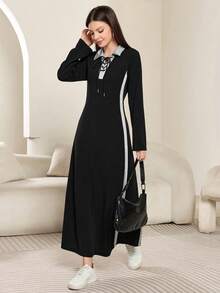Modelyn 女士撞色翻领系带长袖休闲连衣裙，春秋季女士长款套装 - 灰色 - 查看 4