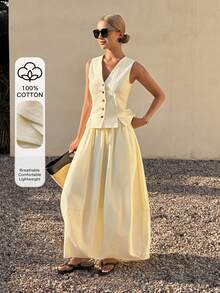 Livesso Bộ đồ công sở 2 mảnh dành cho nữ, gồm áo blazer không tay màu trắng mùa xuân hè, áo cardigan và chân váy xếp ly chữ A, cùng bộ trang phục đi làm thường ngày. - trắng - Xem 1