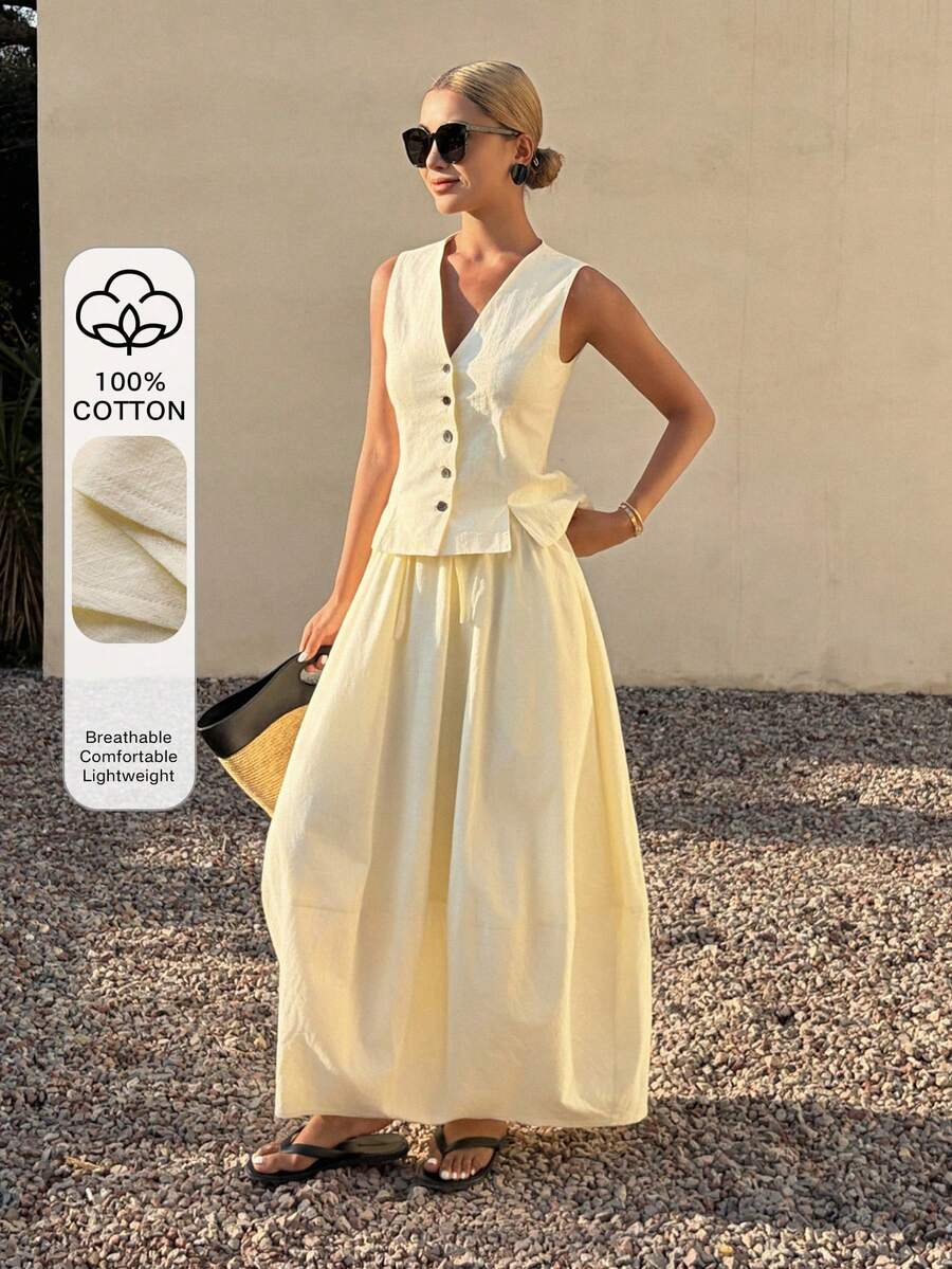 Livesso Bộ đồ công sở 2 mảnh dành cho nữ, gồm áo blazer không tay màu trắng mùa xuân hè, áo cardigan và chân váy xếp ly chữ A, cùng bộ trang phục đi làm thường ngày. - trắng - Xem 1