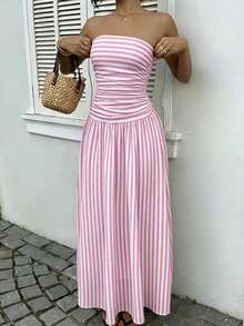 SHEIN EZwear 女士粉色条纹印花无肩带连衣裙 - 优雅的法式波西米亚海滩度假风，浪漫可爱甜美少女风，适合度假、生日、毕业典礼、返校、比赛、西部风情节、海岛风复古、海滨度假、春假、邮轮旅行、音乐节、演唱会、婚礼宾客、城市旅行和假日穿着，春夏必备单品 - 彩色 - 查看 6