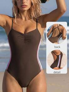 SHEIN Swim SPRTY 2026夏季新款女士褶皱撞色露背冲浪泳衣，适合海滩度假、音乐节、海边约会、休闲度假、性感优雅休闲、沙滩派对、泳池派对等场合。运动休闲女式泳衣，连体比基尼，女士泳装，全包臀泳衣。 - 棕色 - 查看 1