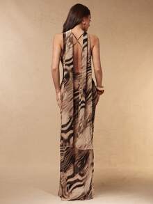 Silquee Summer Elegant Brown Beige Wood Grain Print Chiffon Maxi Dress,Seductive Backless Halter Neck Tie-Waist Fishtail Party Night Wedding Guest Dress - Multicolor - View 2