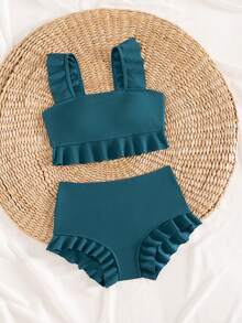 Swim Vcay Top de bikini con volantes, sin borde de cierre requerido - Verde Oscuro - Ver 3