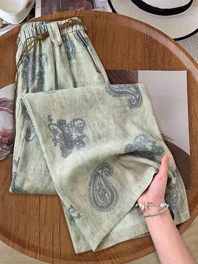 Franclia Quần ống rộng cạp chun co giãn, chất liệu vải lanh, họa tiết hoa màu xanh lá cây, phong cách bohemian retro dành cho nữ, thích hợp cho kỳ nghỉ.
