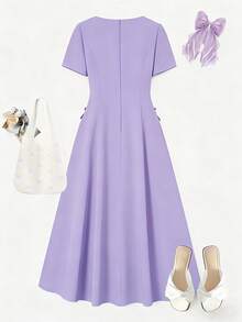 SHEIN Vestido de cuello cuadrado con lazo en el hombro y bajo largo, adecuado para fiesta o uso diario, primavera/verano/otoño, para adolescentes - Morado - Ver 2