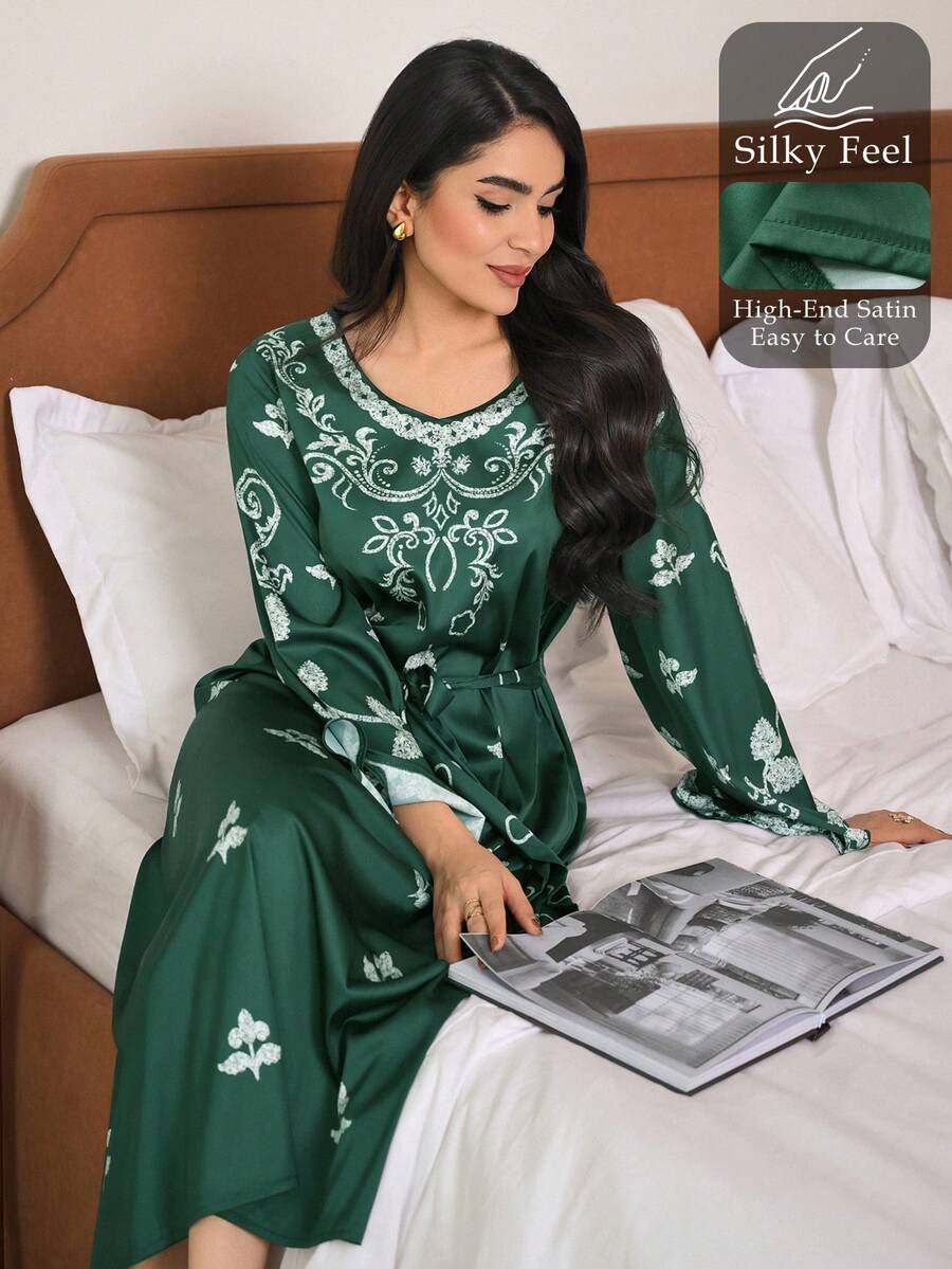 DAZY Áo ngủ dài rộng rãi in hoa dành cho nữ, thích hợp cho kỳ nghỉ. - màu xanh lá - Xem 1
